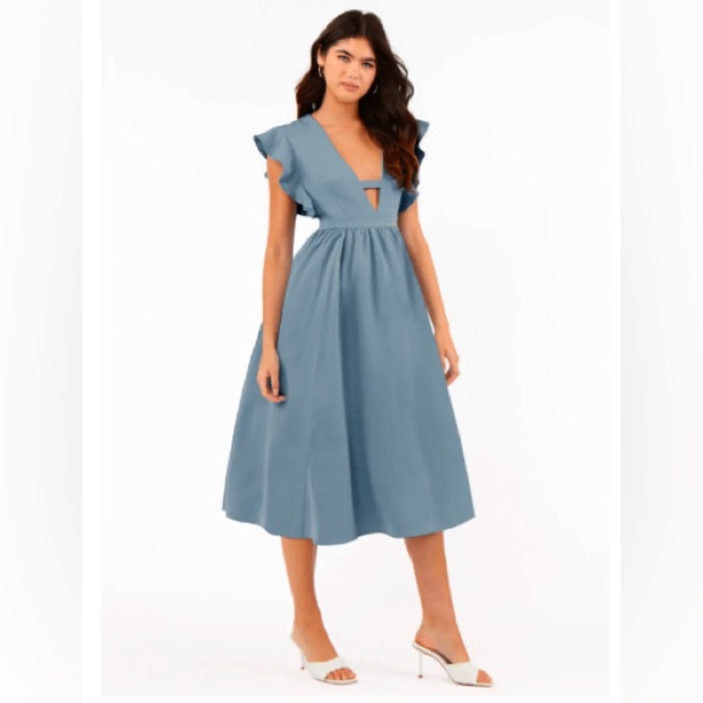 Regal Ruffles Dusty Blue Satin Flutter Sleeve Midi Dress